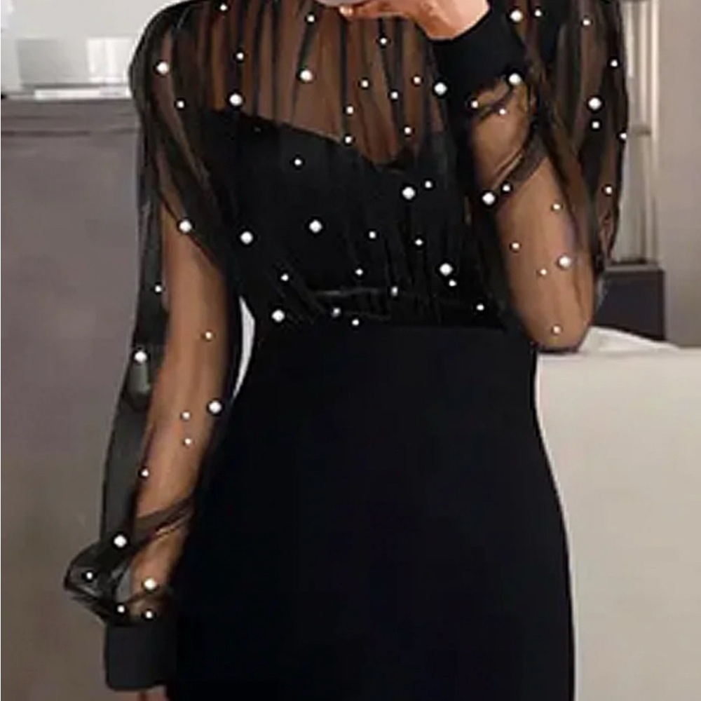 Elegant Black Sheer Dress with Pearl Accents